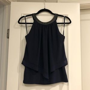 NWOT Navy WHBM top with faux leather neckline